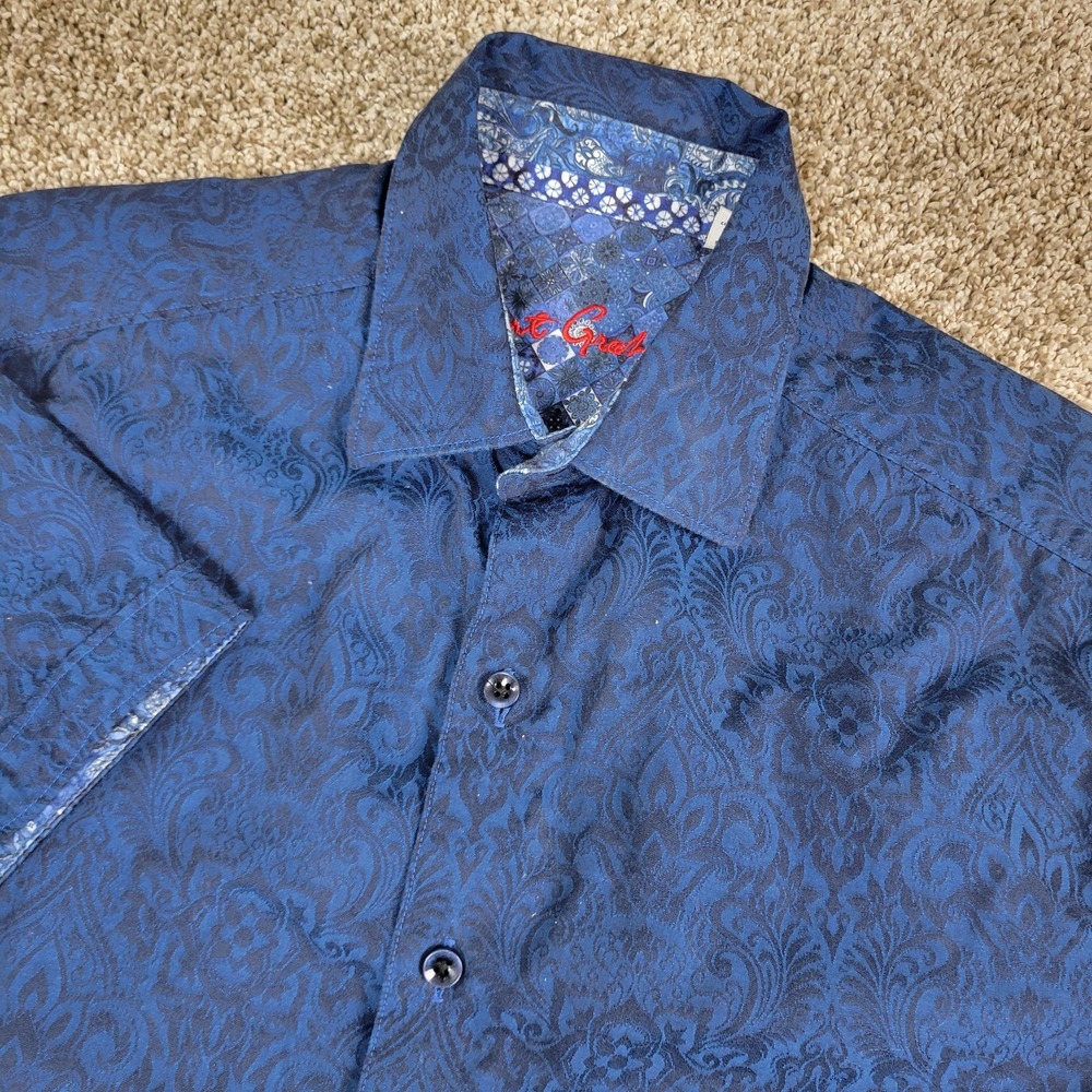 Robert Graham Mens Small Blue Black AOP Floral Button Up Short Sleeve